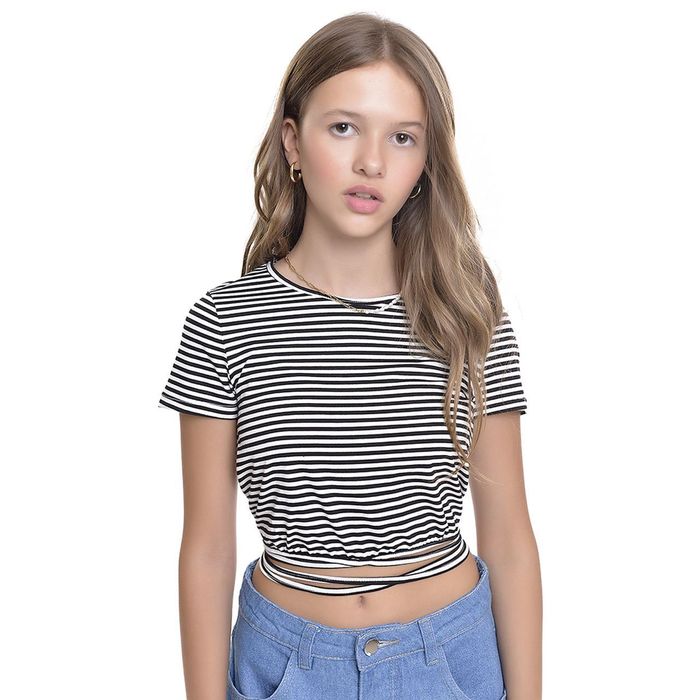 Camiseta Cropped Infantil Menina Amofany Listrado Com Amarração Na Cintura