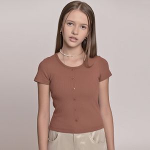 Blusa Canelada Infantil Menina Amofany Com Decote Redondo E Botões