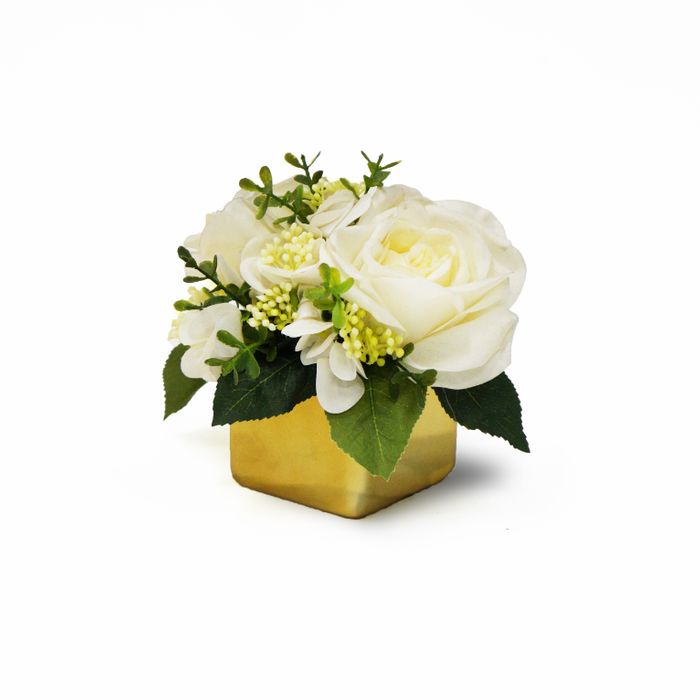 Vaso Quadrado Em Ceramica Dourada Com Rosas E Hortensias Brancas 15x15cm (lxa)