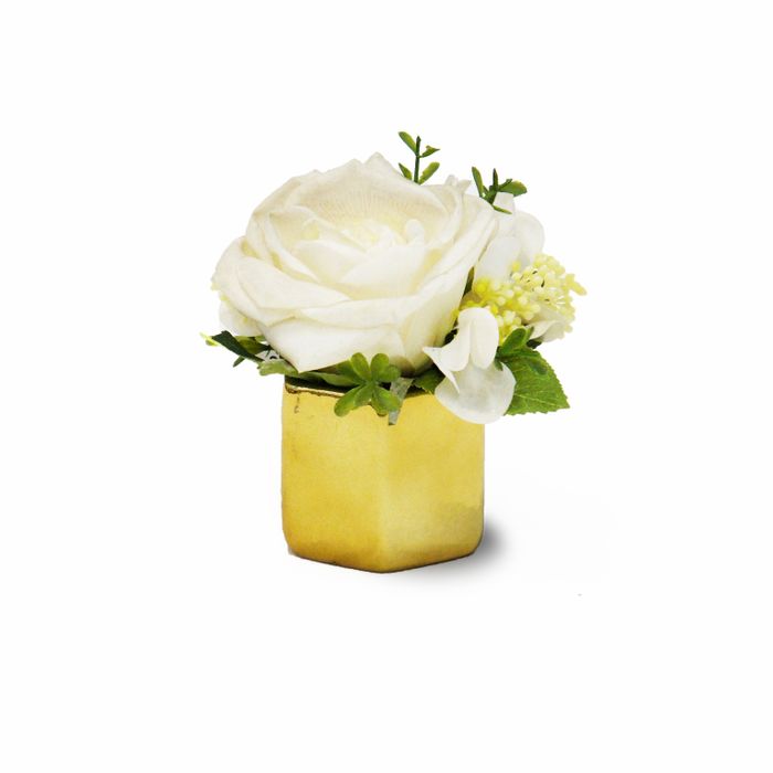 Vaso Exagono Em Ceramica Dourada Com Rosas E Hortensias Brancas 14x12cm (lxa)