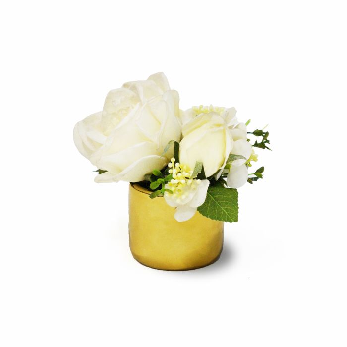 Vaso Redondo Em Ceramica Dourada Com Rosas E Hortensias Brancas 15x12cm (lxa)
