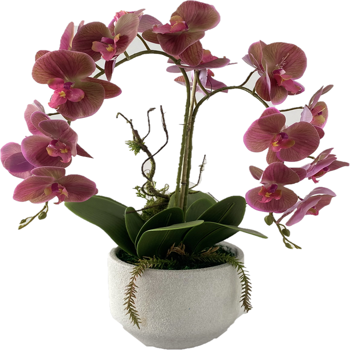 Arranjo De Orquideas Phalaenopsis Lilas No Vaso Redondo Branco Gelo 40x50cm
