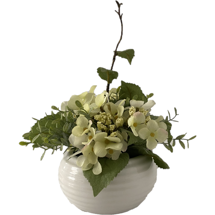 Arranjo De Hortencias Brancas No Vaso Oval Branco Em Ceramica 20x25cm