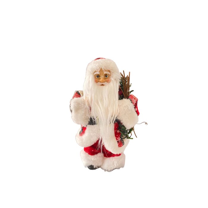 Papai Noel Com Casaco Xadrez Segurando Arranjo 22cm