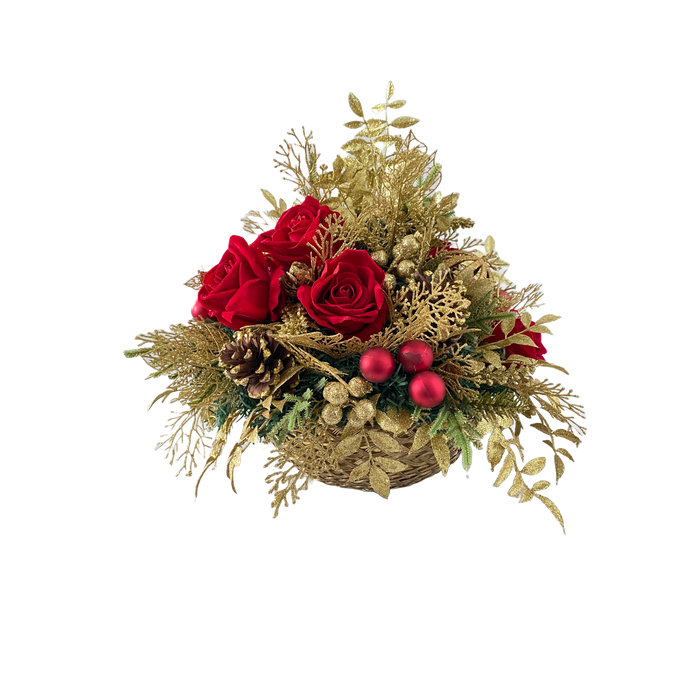 Arranjo De Mesa Base Metal Trançada Vermelho/dourado Com Rosas Vermelhas E Bolas De Gliter 50x50cm 