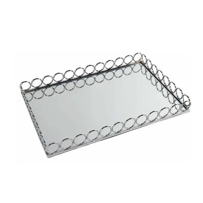 Bandeja Prata Retangular Com Detalhes Corrente 40x27x5cm(lxaxp)