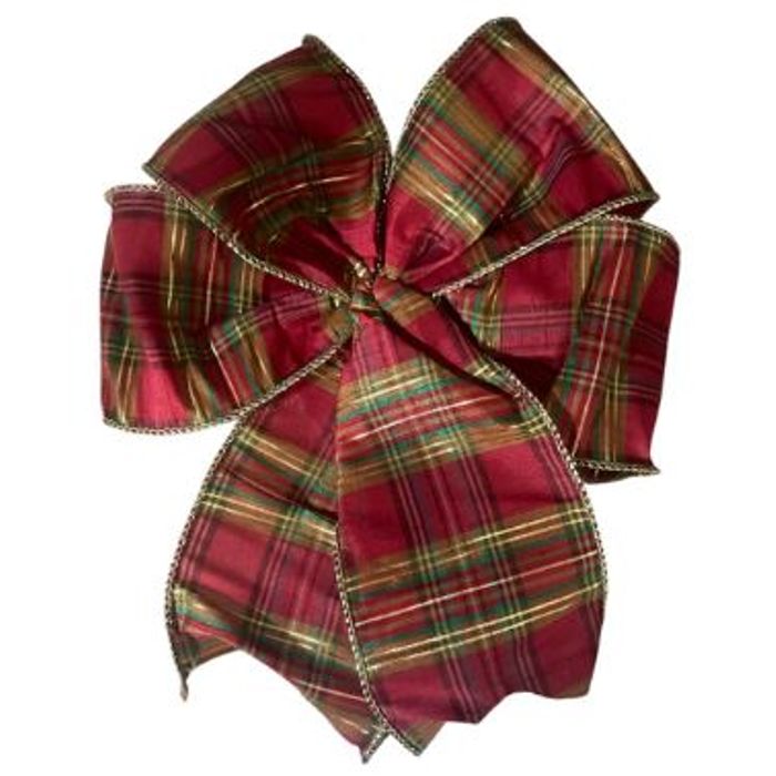 Laço Simples Vermelho/dourado Fita Tartan Em Poliester 30x30x3cm (lxaxp)