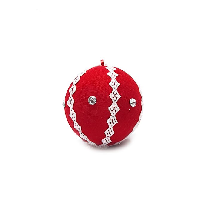Bola De Natal Veludo Vermelho C/renda Branca E Brilhantes 14cm