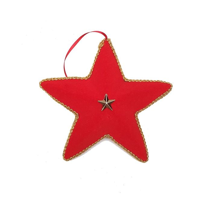Enfeite Estrela Flocada Vermelha Com Estrelinha Dourada 18cm