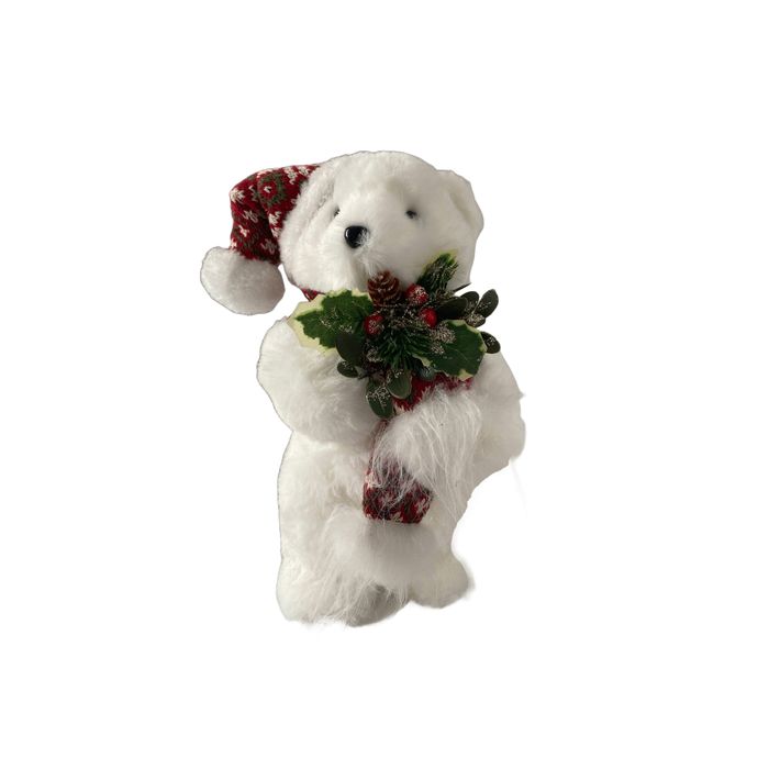 Urso Em Pe Branco Com Cachecol E Gorro Vermelho Branco E Verde 26x13x13cm