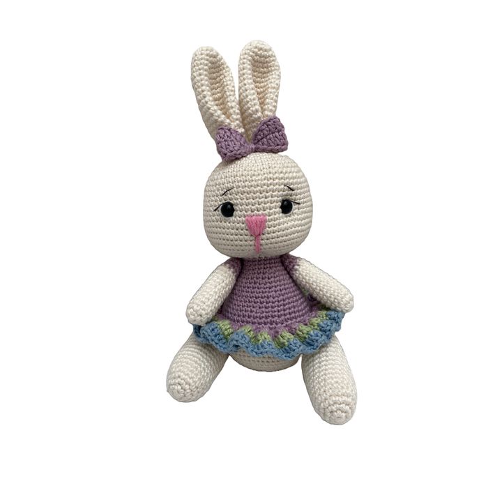 Coelha Em Croche Artesanal Com Vestido Lilas 27x15x10cm