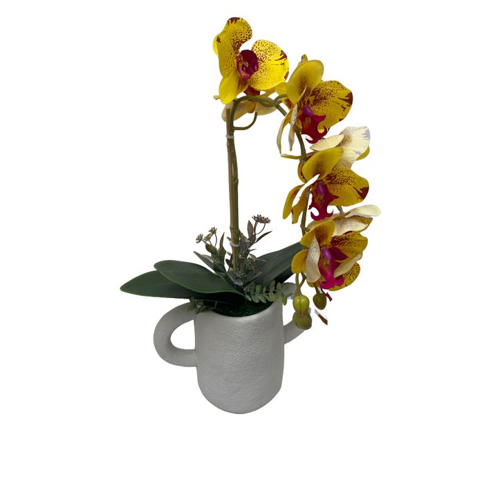 Vaso Em Cimento Com Orquidea Phalaenopsis Amarela 35x55cm (lxa)