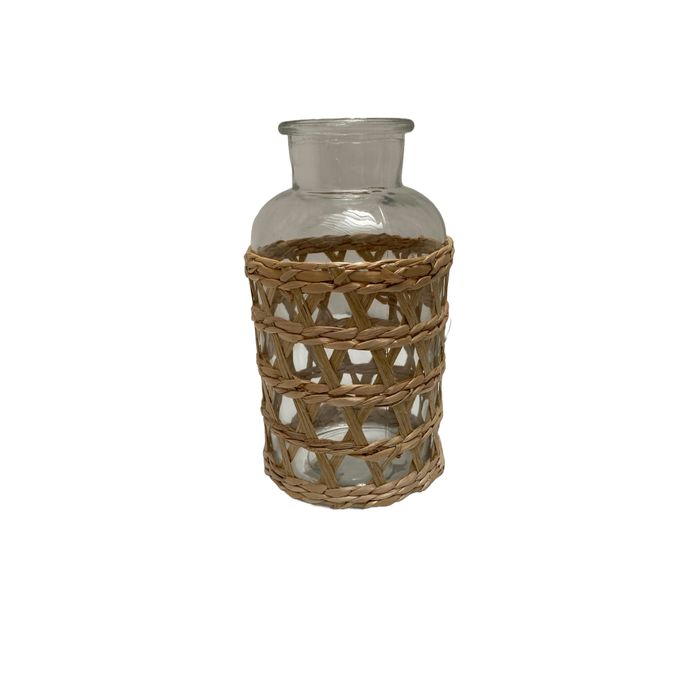 Vaso Em Vidro Transparente Com Fibra Natural 10x19,5cm