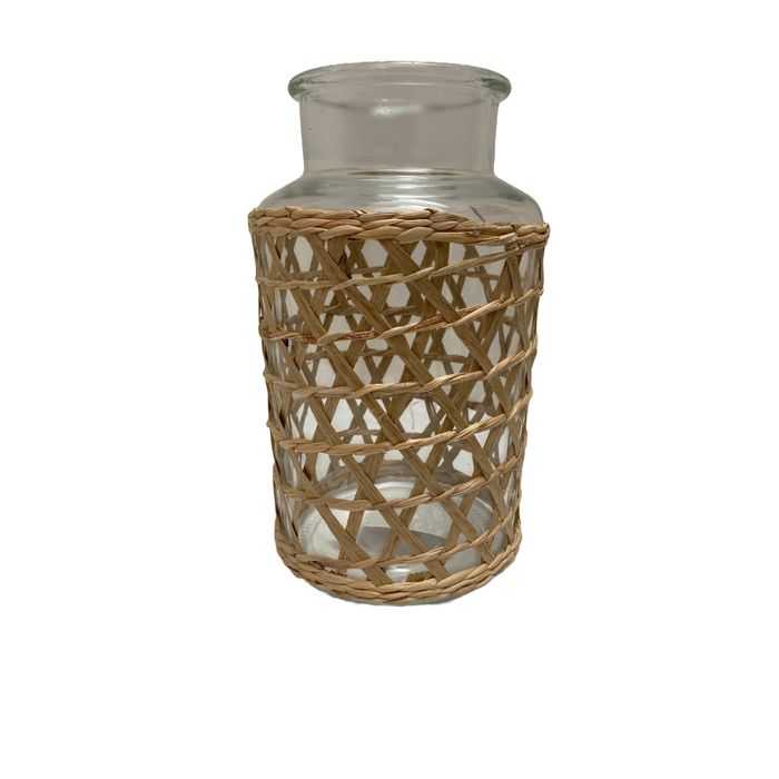 Vaso Em Vidro Transparente Com Fibra Natural 12,5x22,5cm