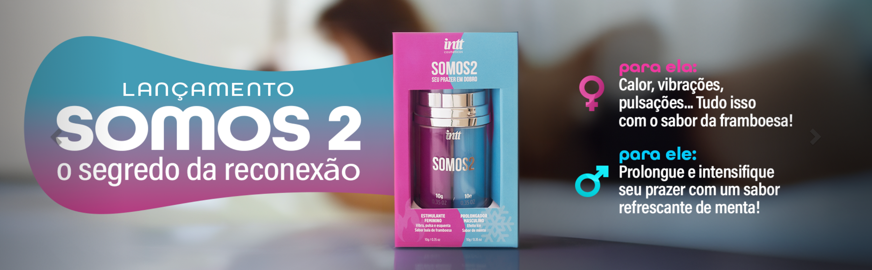 O SOMOS2 apresenta dois géis divididos em tubetes distintos em uma mesma embalagem: um rosa, destinado à mulher, e outro azul, destinado ao homem.
