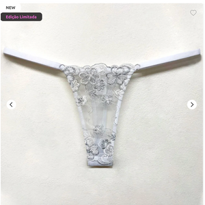 Calcinha Clarinda - Branco - Fio Dental Tipo Tanga com Detalhe em Bordado Lurex e Regulagem