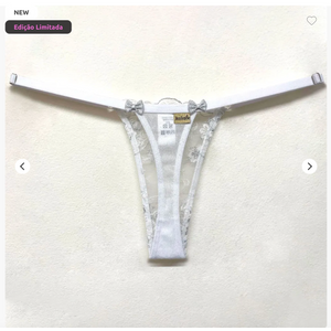 Calcinha Clarinda - Branco - Fio Dental Tipo Tanga com Detalhe em Bordado Lurex e Regulagem