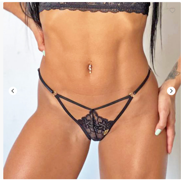 CALCINHA PERIPÉCIA - PRETO - SEXY FIO DENTAL EM RENDA COM TRANSPARÊNCIA E REGULAGEM - sensualle