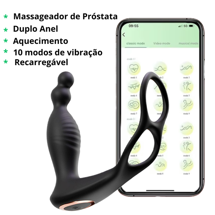 Massageador para Próstata com Aquecimento e Anel Duplo e Vibração - App - 9761