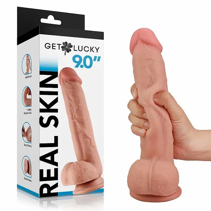 GET LUCKY REAL SKIN 9.0'' - PÊNIS REALÍSTICO DUPLA CAMADA BELISCÁVEL - 24,0 X 4,3CM