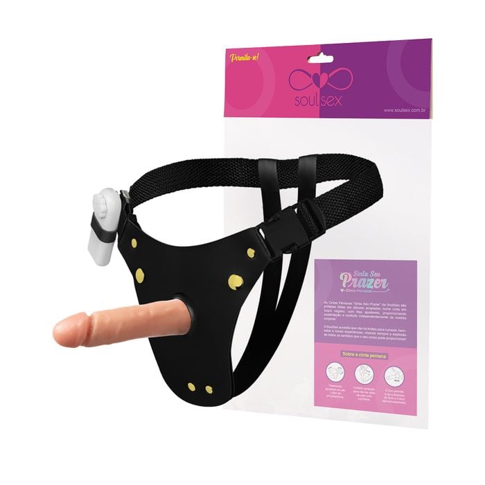 Cinta Peniana Couro Prótese Realística com Vibro 14,5x3,5cm