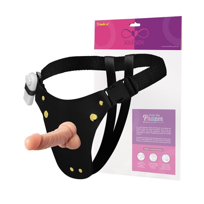 Cinta Peniana Couro Prótese Realística com Vibro 12,3x3,7cm