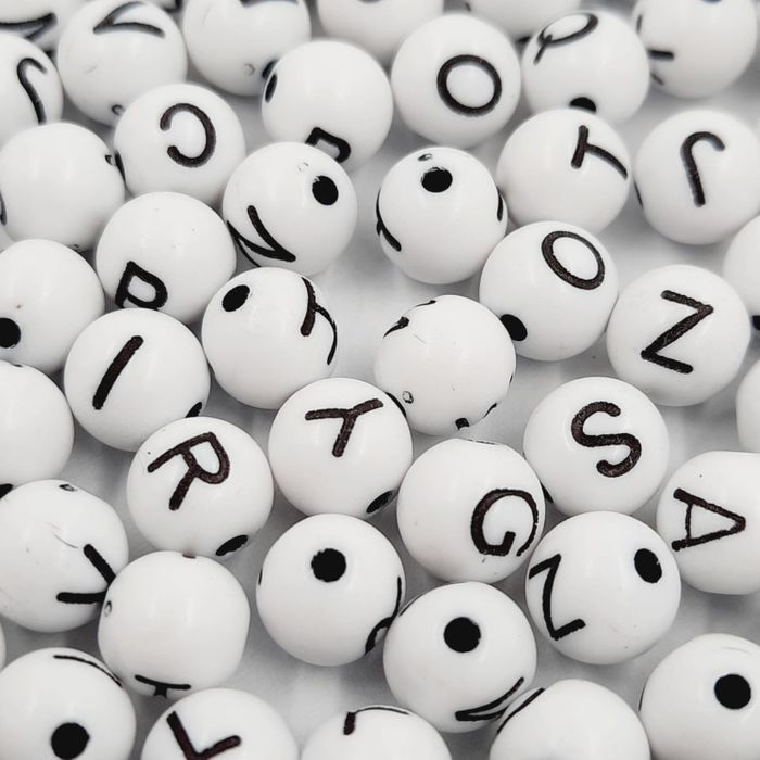 Miçanga Letrinha Bolinha Branco e Preto - 8mm 25g
