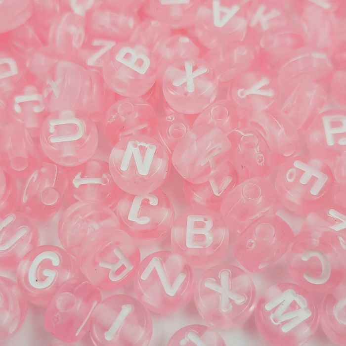 Miçanga Letrinha Redonda Transparente Rosa com Branco - 7mm 25g