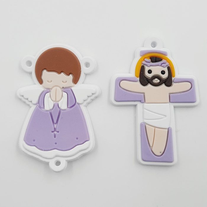 Aplique Emborrachado para Terço Anjo + Cristo Branco Com Lilás - 2 Peças