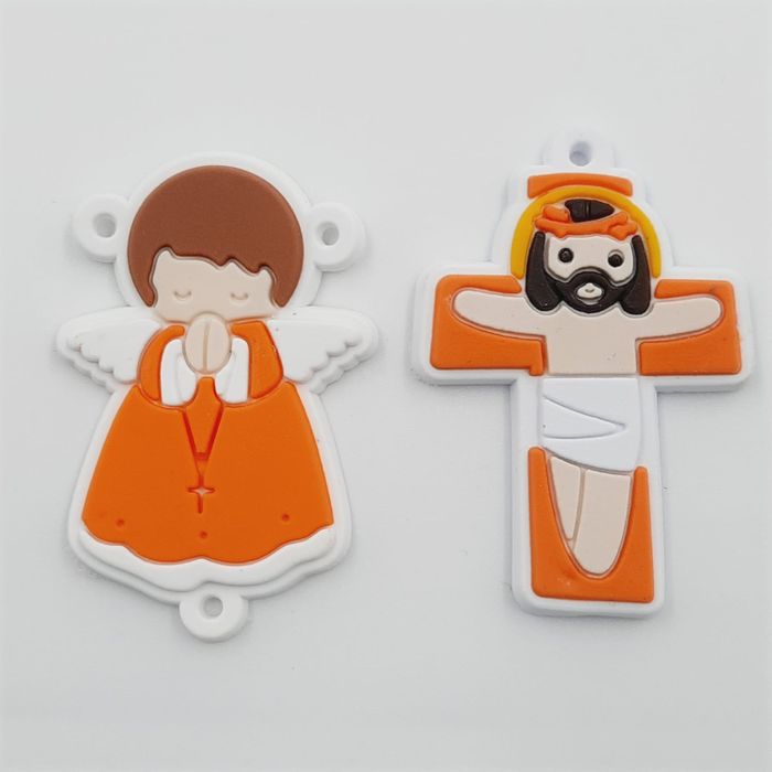 Aplique Emborrachado para Terço Anjo + Cristo Laranja Z8 - 2 Peças