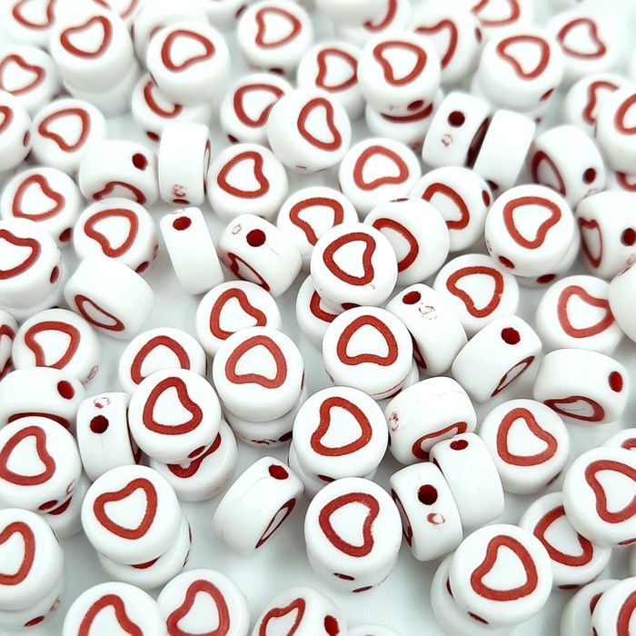 Entremeio Coração Redondo Branco com Contorno Vermelho - 7mm 25g