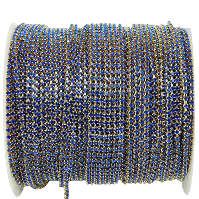 Corrente de Strass Safira Base Dourada - SS6,5=2,00-2,10mm 1 Metro