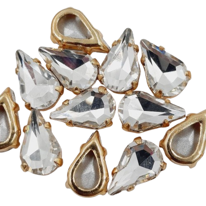 Engrampado Gota Cristal Base Dourada - 13x7,8mm 12 Peças