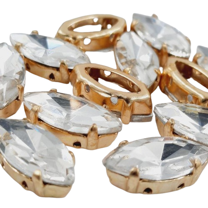 Engrampado Navete Cristal Base Dourada - 15x7mm 12 Peças