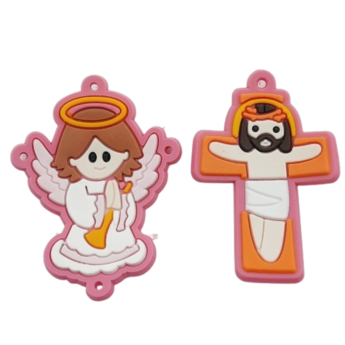 Aplique Emborrachado para Terço Anjinha + Cristo Pink - 2 Peças
