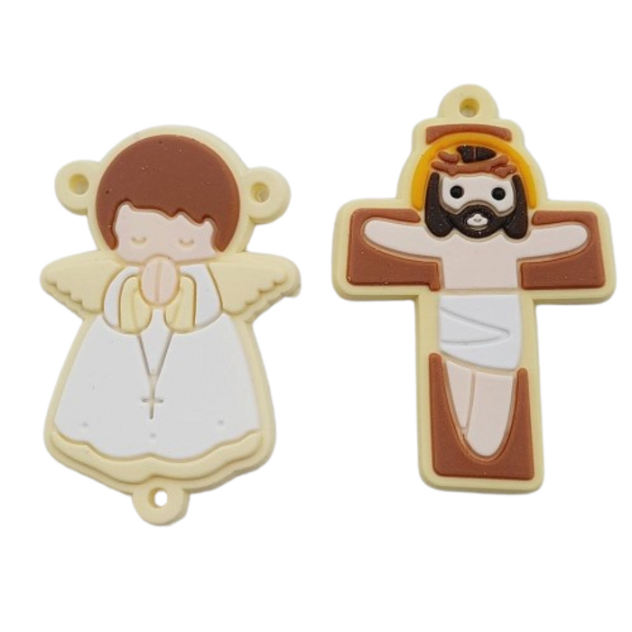 Aplique Emborrachado para Terço Anjo + Cristo Amarelo - 2 Peças