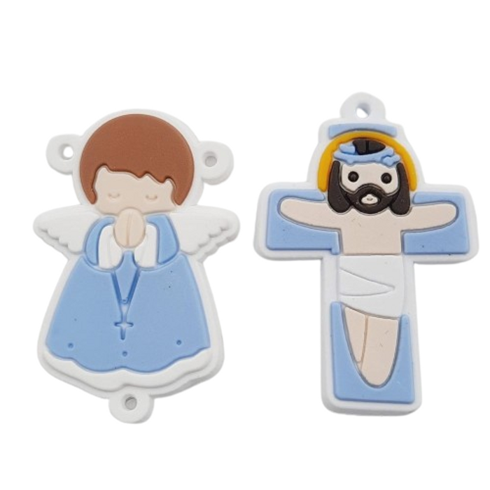 Aplique Emborrachado para Terço Anjo + Cristo Azul Bebê - 2 Peças