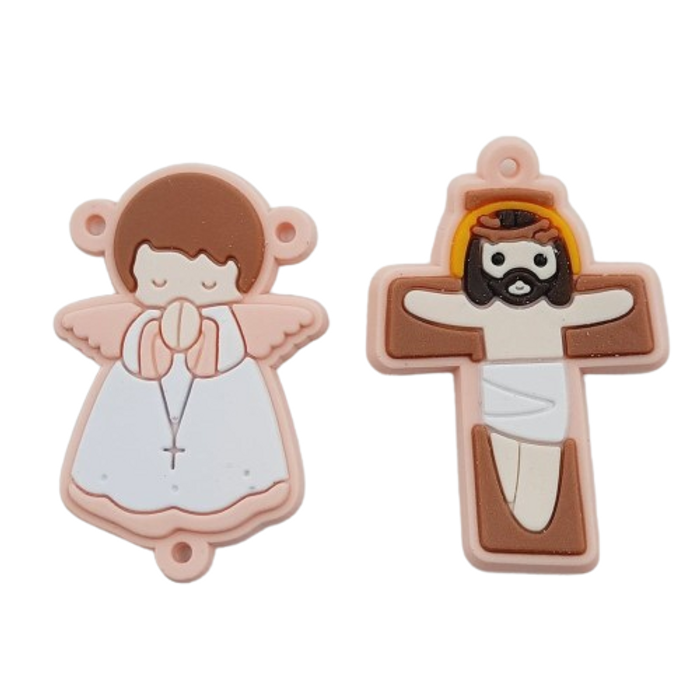 Aplique Emborrachado para Terço Anjo + Cristo Salmão - 2 Peças