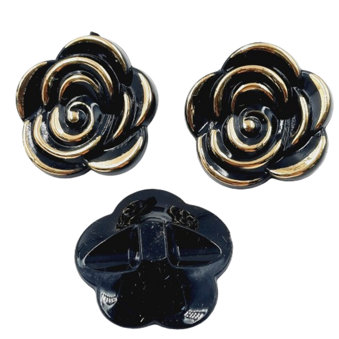 Flor Com Furo Passante Preto com Dourado - 30mm 100 Peças