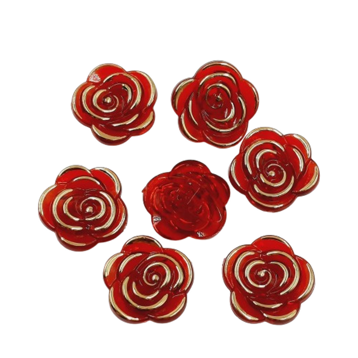Flor Com Furo Passante Vermelho Transparente com Dourado - 20mm 100 Peças