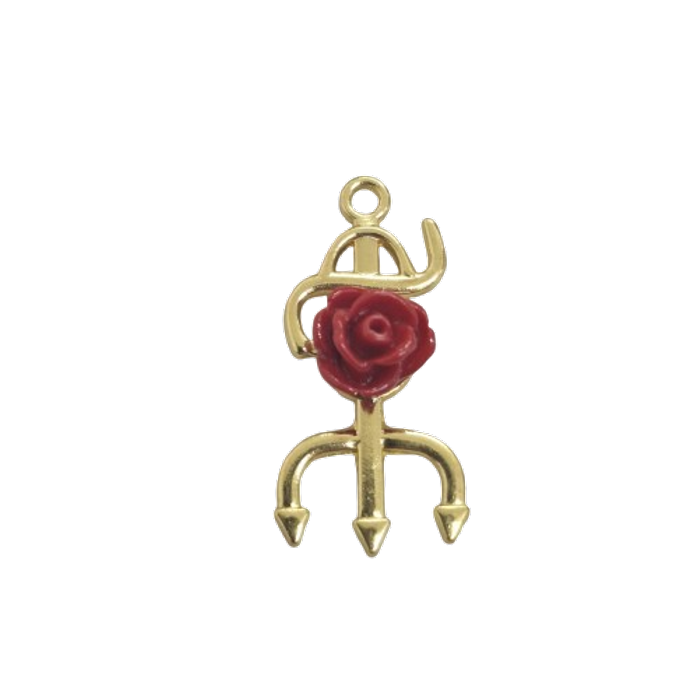 Pingente Tridente Dourado com flor vermelha - 29mm 1Peça