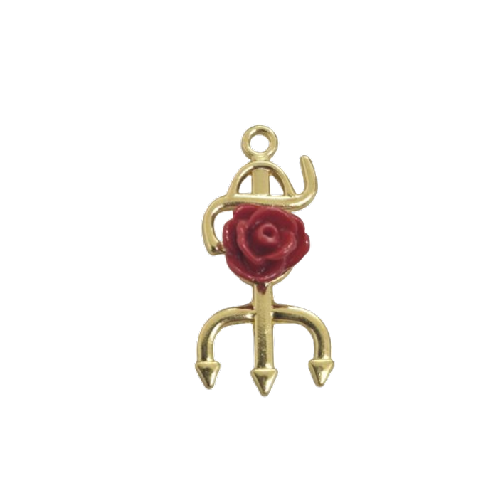 Pingente Tridente Dourado com flor vermelha - 29mm 50Peças
