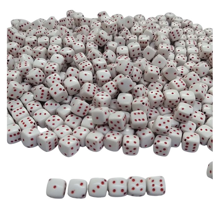 Entremeio Dado com Furo Passante Fosco Branco com Vermelho - 8mm 25g Aprox. 50 Peças