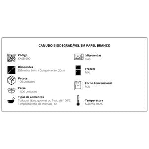 Canudo Em Papel Branco, Biodegradável, Embalado Em Sachê De Papel, 6mm, 20cm - 100 Unidades
