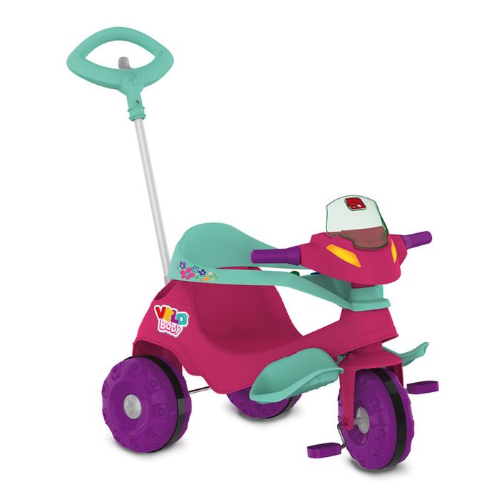 Triciclo Velobaby Passeio e Pedal Rosa com Suporte pra Celular - Ref 357 Bandeirante.