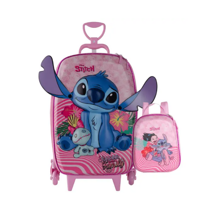 Kit Mochila Infantil Rodinhas + Lancheira Stitch Rosa 3D - Ref KL88632