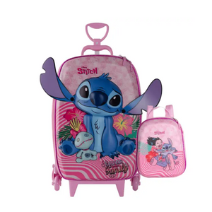 Kit Mochila Infantil Rodinhas + Lancheira Stitch Rosa 3D - Ref KL88632