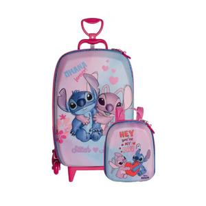 Kit Mochila Infantil Rodinhas + Lancheira Stitch e Angel 3D - Ref KL88633