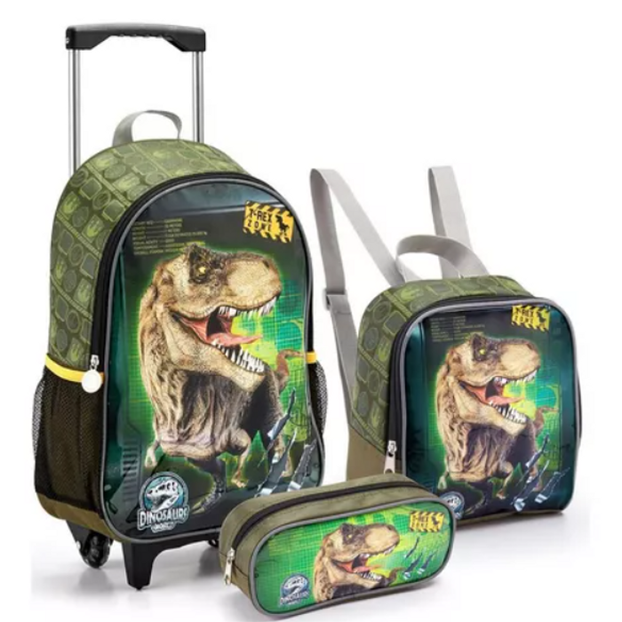 Kit Mochila Escolar Infantil Menino Rodinha Dinossauro Rex