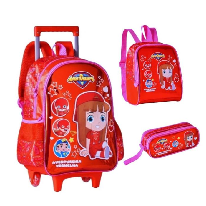 Kit Mochila Carrinho + Lancheira + Estojo Os Aventureiros Luccas Neto e Gi Neto - Ref AV24033K